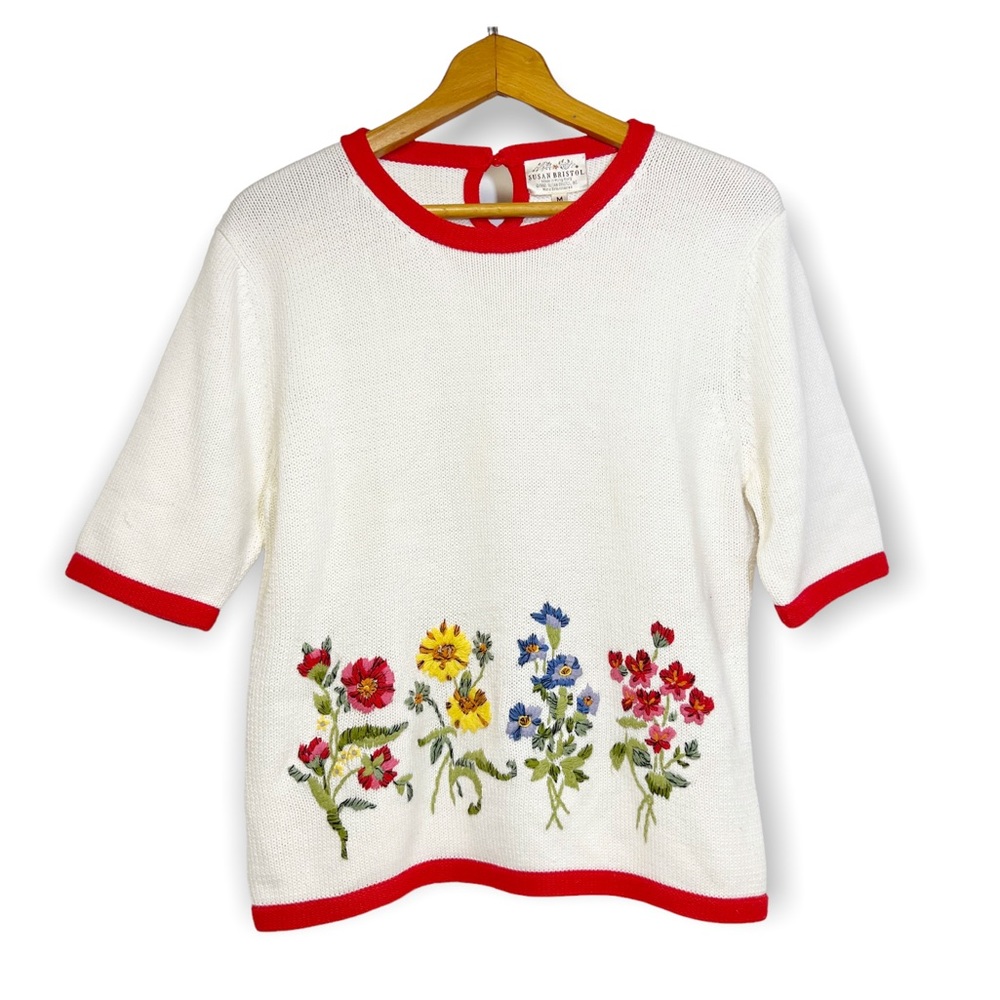 Floral Embroidered White Sweater with Red Trim